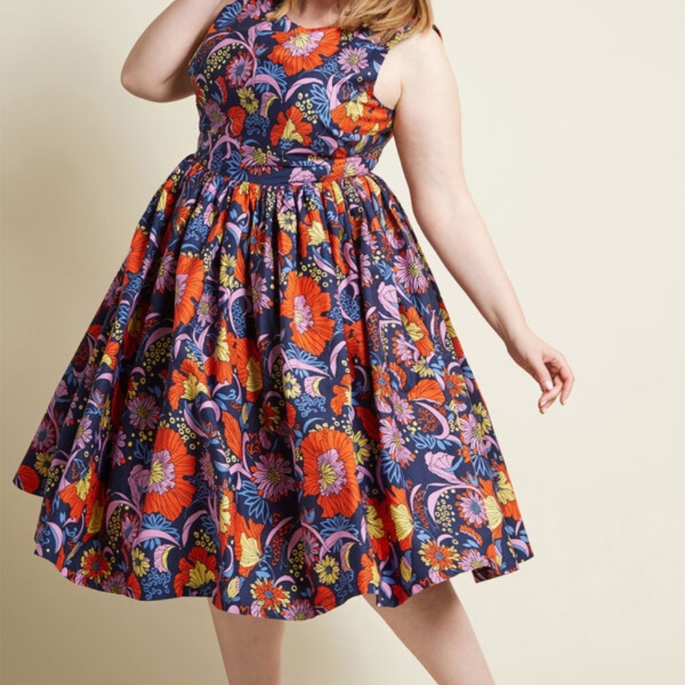 Modcloth Fabulous Fit and Flare Navy Floral - Picture 2 of 5